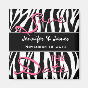 Save the Date Black White Pink Zebra Print Magnet