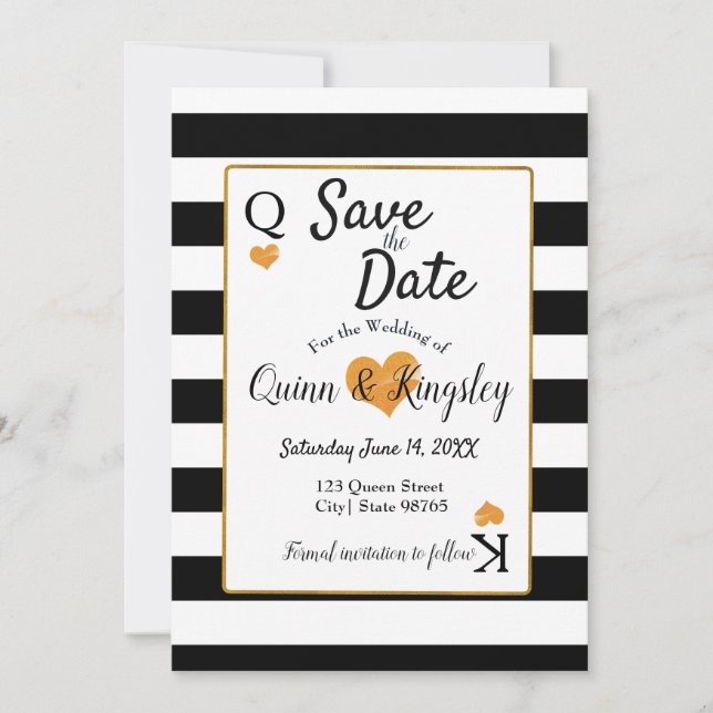 Save the Date Black & White Strips with Gold Heart (Front)