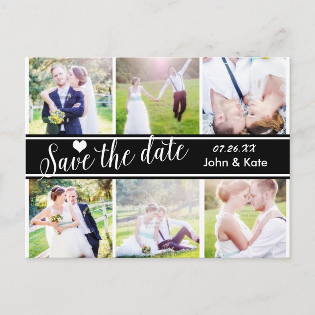 SAVE THE DATE Black White Wedding 6 PHOTO Postcard (Front)