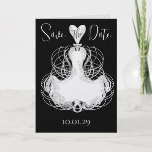 Save the Date Black with White Elegant Swirly Gown Invitation