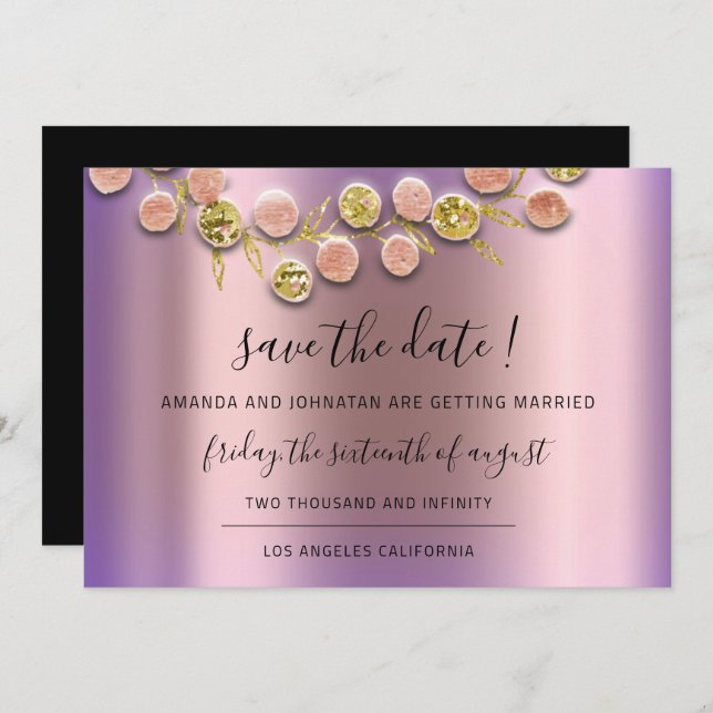 Save The Date Black Wreath Rose Gold Purple (Front/Back)