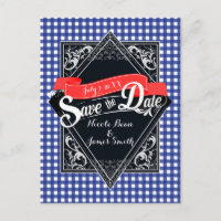 Save The Date Blue Chequered Gingham Engagement