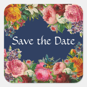 Save the Date Blue Floral Burgundy Roses Stickers