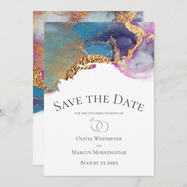 Save the Date Blue Magenta Purple Gold Ink Invitation (Front/Back)