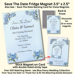 Save The Date, Blue Peony 5" x 2.5" Fridge Magnet