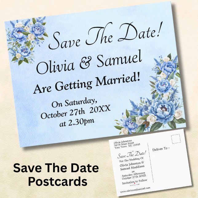 Save The Date - Blue Peony on Blue Announcement Postcard (Creator Uploaded)