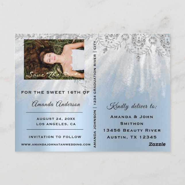 Save The Date Blue Photo Rose Sweet 16th Bridal Postcard (Back)