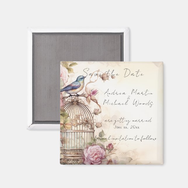 Save the Date Bluebird Pink Roses Magnet (Front/Back)