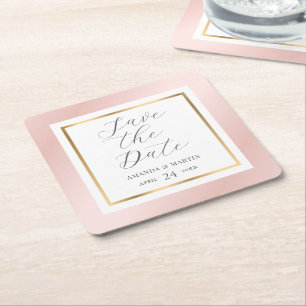 Save The Date Blush Pink and Gold Script Wedding Square Paper Coaster