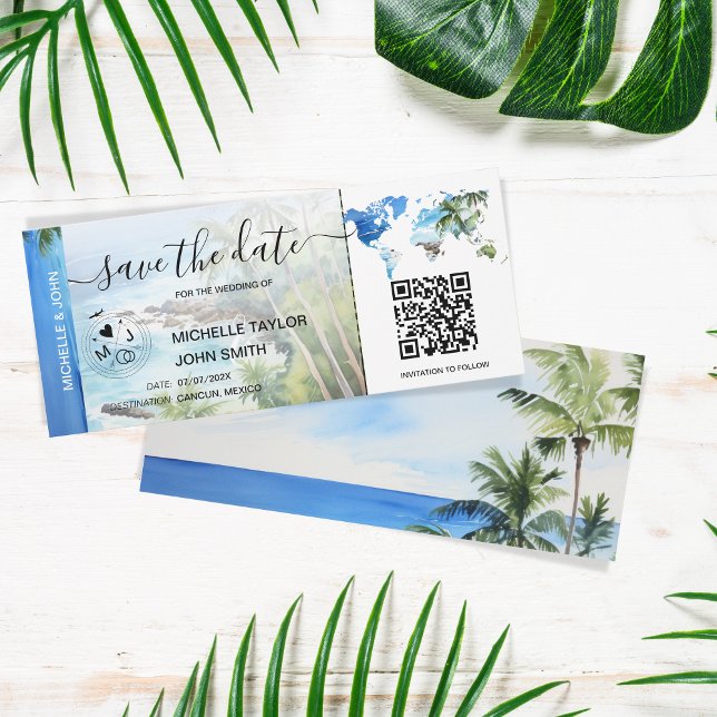 Save the Date Boarding Pass Map Beach Palm Mexico Invitation (Creator Uploaded)