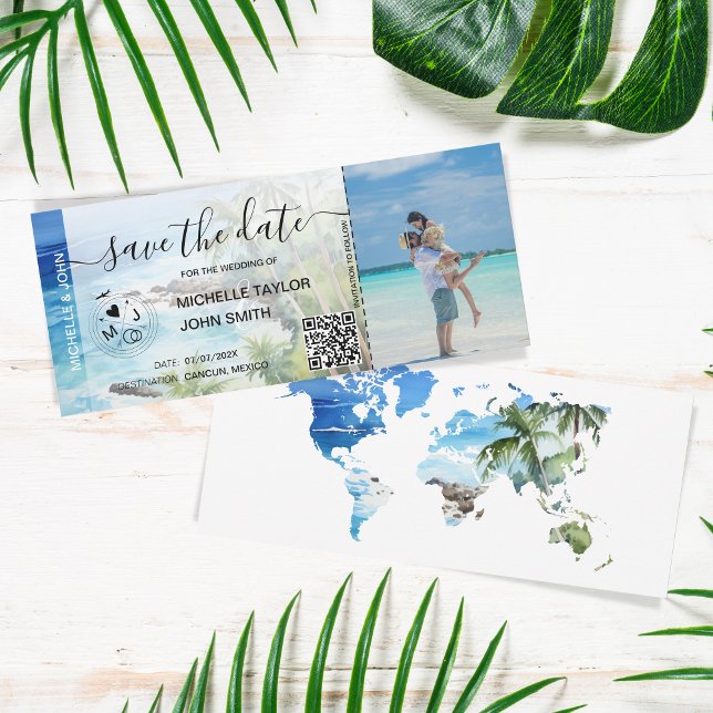 Save the Date Boarding Pass Map Beach Palm MPhoto Invitation (Creator Uploaded)