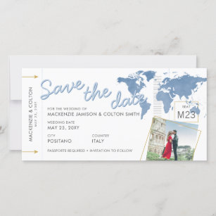Save the Date Boarding Pass Photo Blue World Map