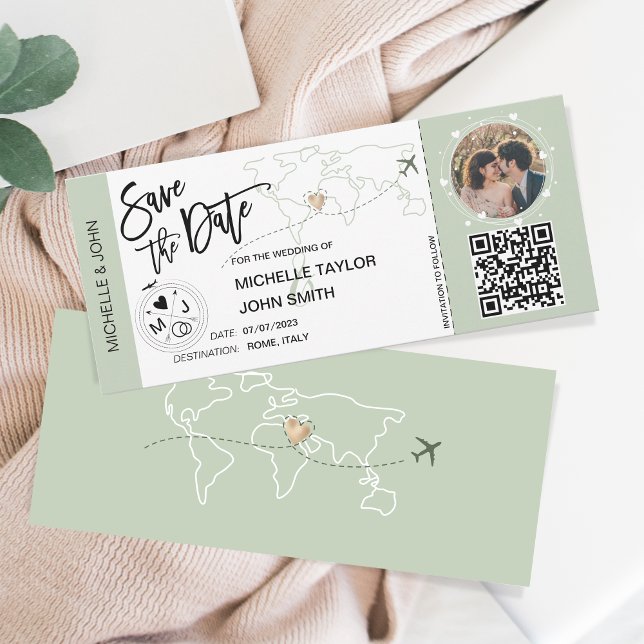 Save the Date Boarding Pass Simple World Map QR  Invitation (Creator Uploaded)