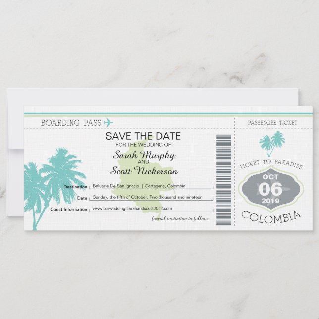 Save the Date Boarding Pass to Colombia (Front)
