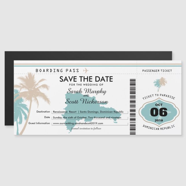 Save the Date Boarding Pass to Dominican Republic Magnetic Invitation (Front/Back)