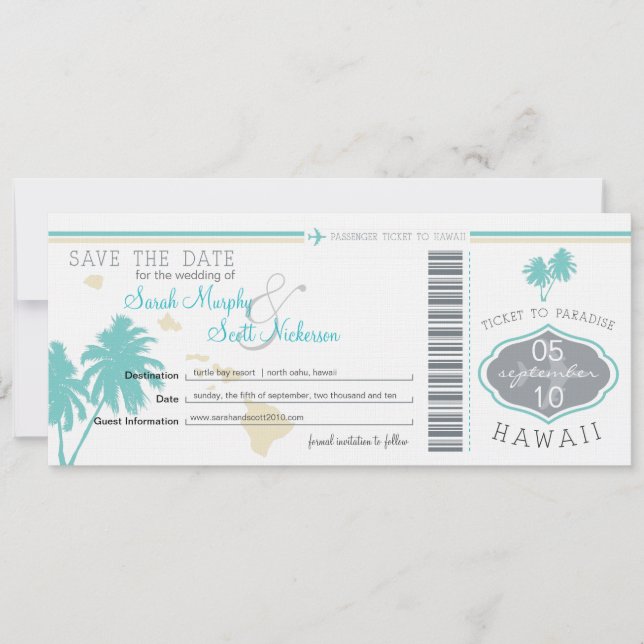 Save the Date Boarding Pass to Hawaii (Front)