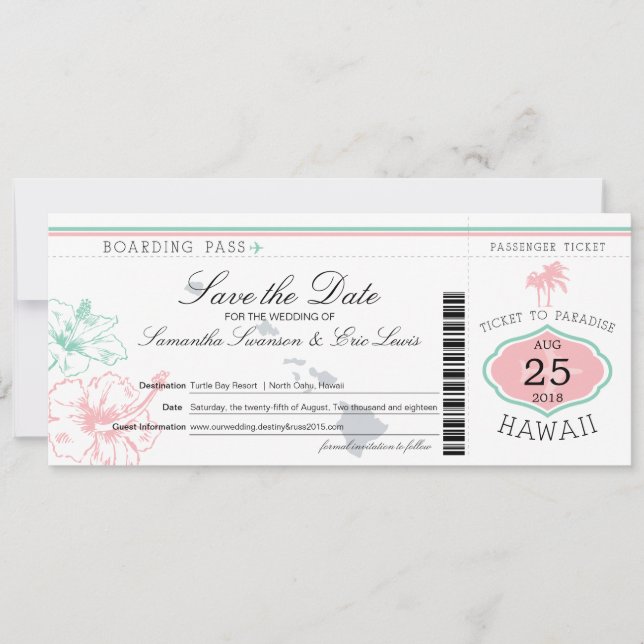 Save the Date Boarding Pass to Hawaii (Front)