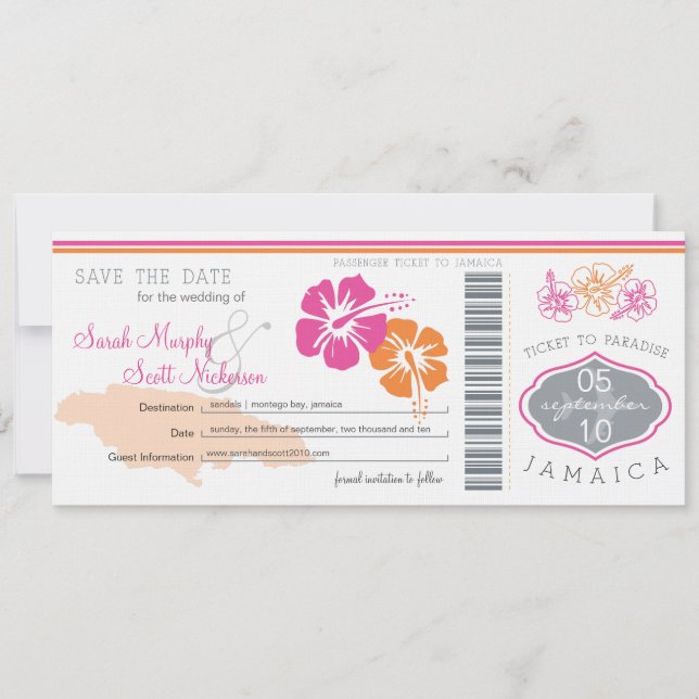 Save the Date Boarding Pass to Jamaica (Front)