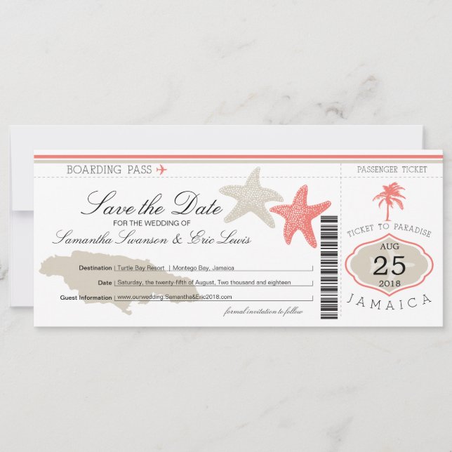 Save the Date Boarding Pass to Jamaica (Front)