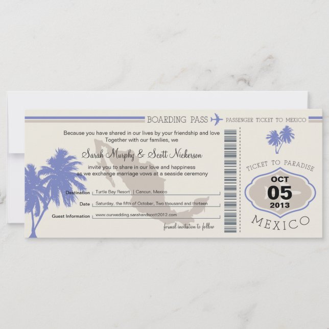 Save the Date Boarding Pass to Mexico (Front)