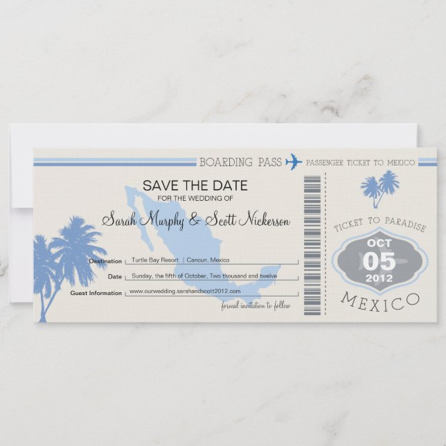 Save the Date Boarding Pass to Mexico (Front)