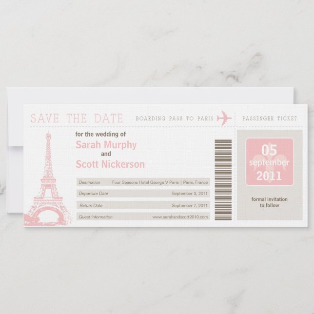 Save the Date Boarding Pass to Paris France (Front)