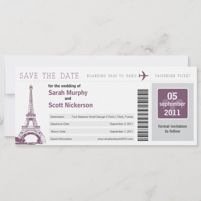 Save the Date Boarding Pass to Paris France (Front)