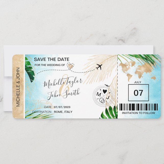 Save the Date Boarding Pass World Map Beach Invita Invitation (Front)