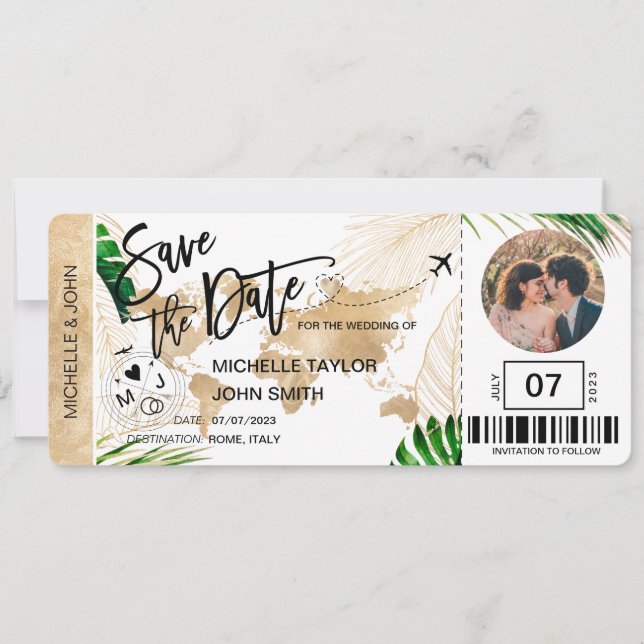 Save the Date Boarding Pass World Map Beach Photo Invitation (Front)