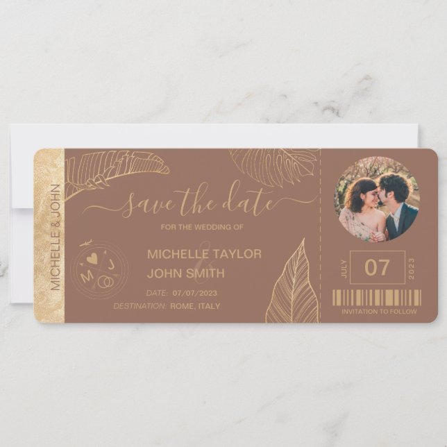 Save the Date Boarding Pass World Map Beach Photo  Invitation (Front)