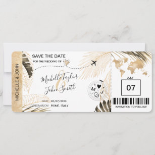 Save the Date Boarding Pass World Map Beach Save   Invitation