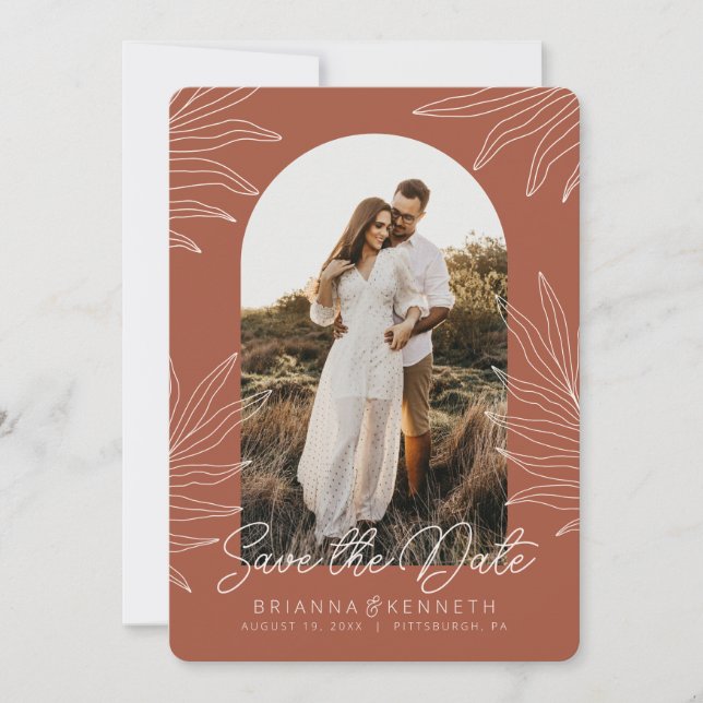 Save the Date Boho Arch Photo on Botanical  Invitation (Front)