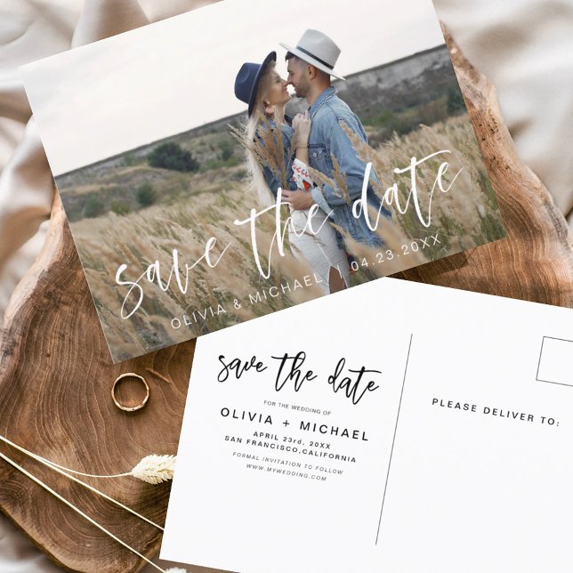 Save the Date Boho Minimalist Photo Modern Postcard (Creator Uploaded)