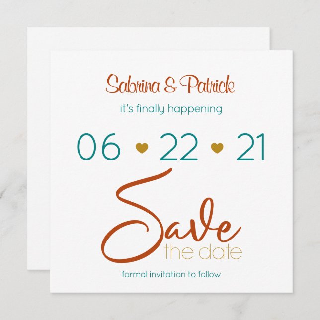 Save the Date Bold Teal Rust Gold Invitation (Front/Back)
