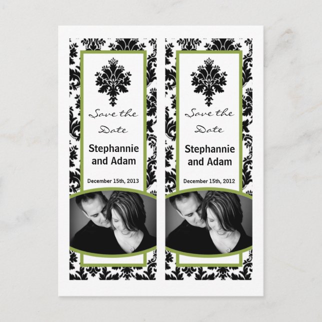 Save the Date Book Mark Favours Black Green Damask Announcement Postcard (Front)
