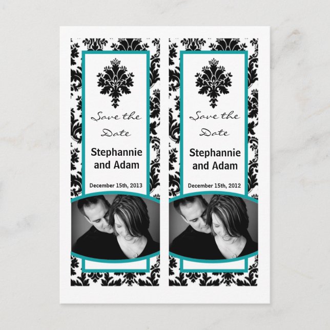 Save the Date Book Mark Favours Black Teal Damask Announcement Postcard (Front)