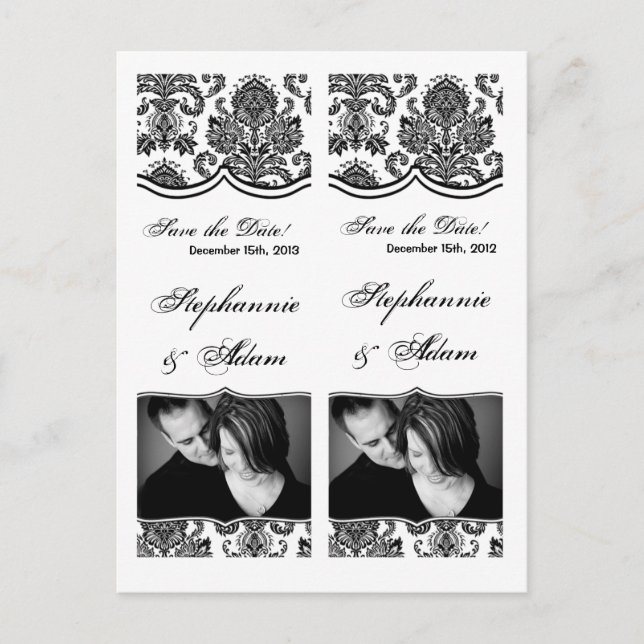 Save the Date Book Mark Favours Black White Damask Announcement Postcard (Front)