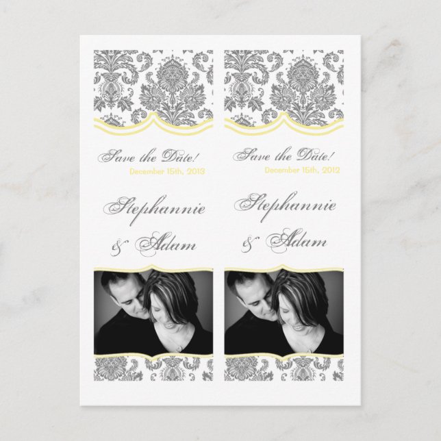 Save the Date Book Mark Favours Grey Yellow Damask Announcement Postcard (Front)