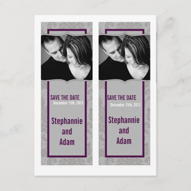Save the Date Book Mark Favours Modern Grey Damask Announcement Postcard (Front)