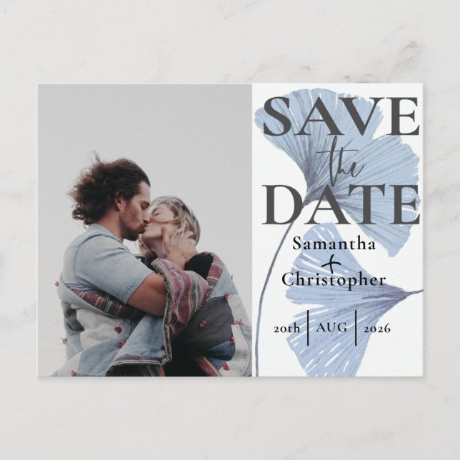Save the Date Botanical Dusty Blue Photo Wedding  Announcement Postcard (Front)
