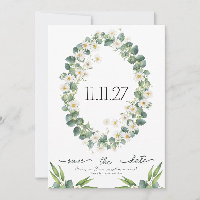 Save the Date botanical eucalyptus + daisy theme (Front)