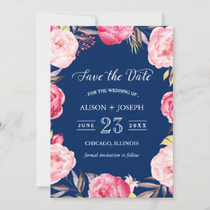 Save the Date   Botanical Floral Wreath Navy Blue