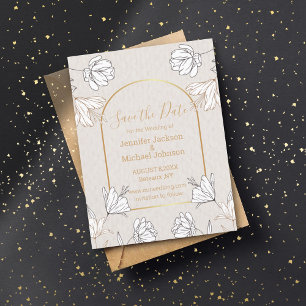 save the date botanical grey gold arch wedding postcard