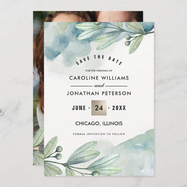 Save the Date. Botanical Wedding Custom Photo Card (Front/Back)