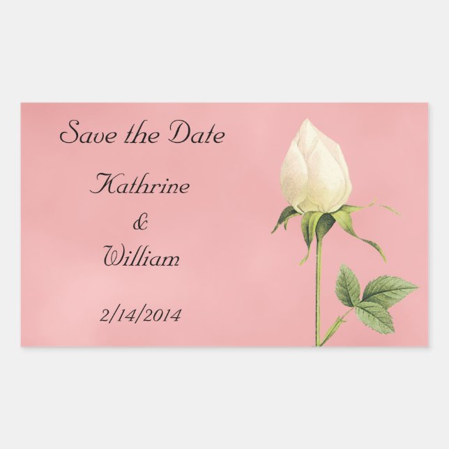 Save the Date Botanical White Rosebud Rectangular Sticker (Front)