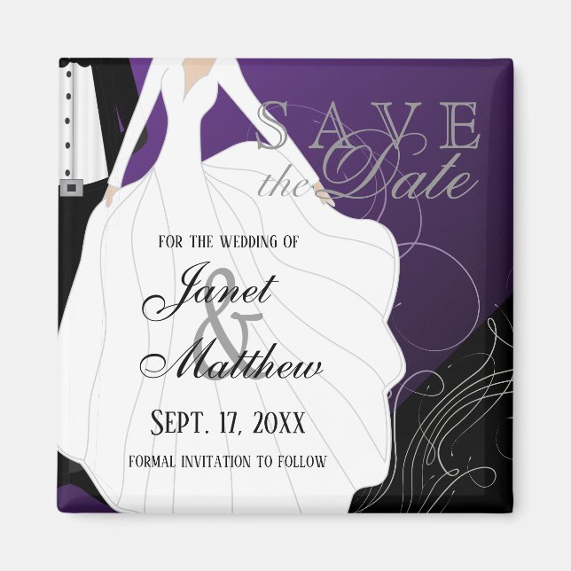 Save the Date - Bride and Groom - Purple Magnet (Front)