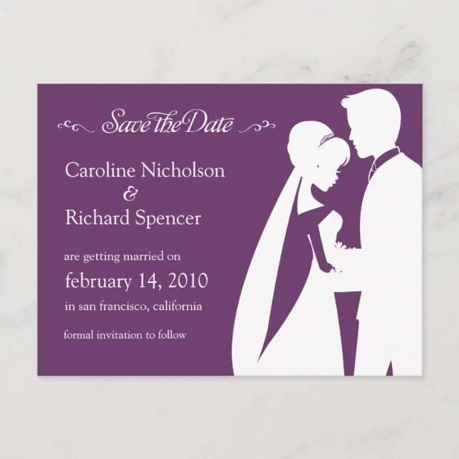 Save the Date Bride & Groom Plum Wedding Postcard (Front)