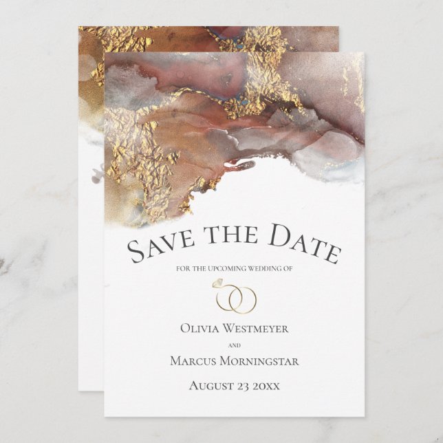 Save the Date Bronze Copper and Gold Ink Marble Invitation (Front/Back)