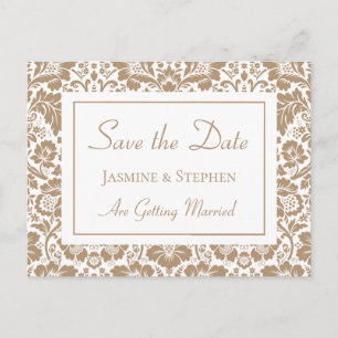 Save the Date Brown Damask Floral Lace Engagement Postcard