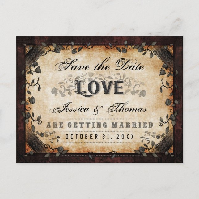 Save the Date Brown Gothic Halloween PHOTO on BACK Announcement Postcard (Front)